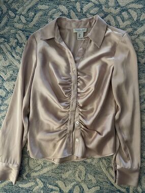 Rachel Zoe Blush Satin Ruched Button-Front Blouse